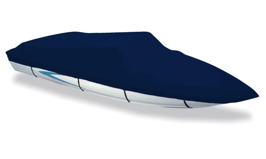 Marine blue custom-fit boat cover shaped around a runabout