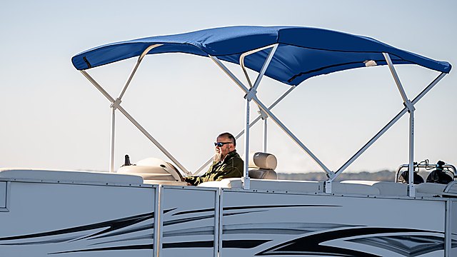 1.25 inch square tube pontoon bimini top in blue with clear frame