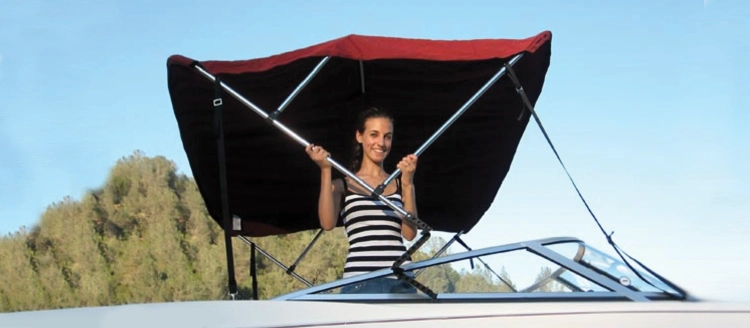 Bimini top raised with a Bimini-Butler height adjuster