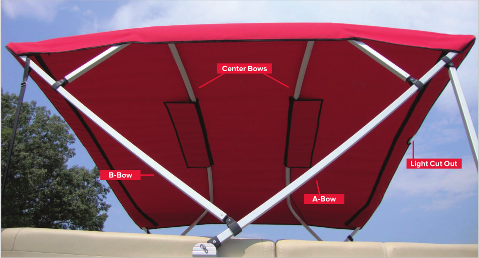 Annotated square tube pontoon bimini replacement canvas showing A-bow, B-bow, center bows, and light cutout