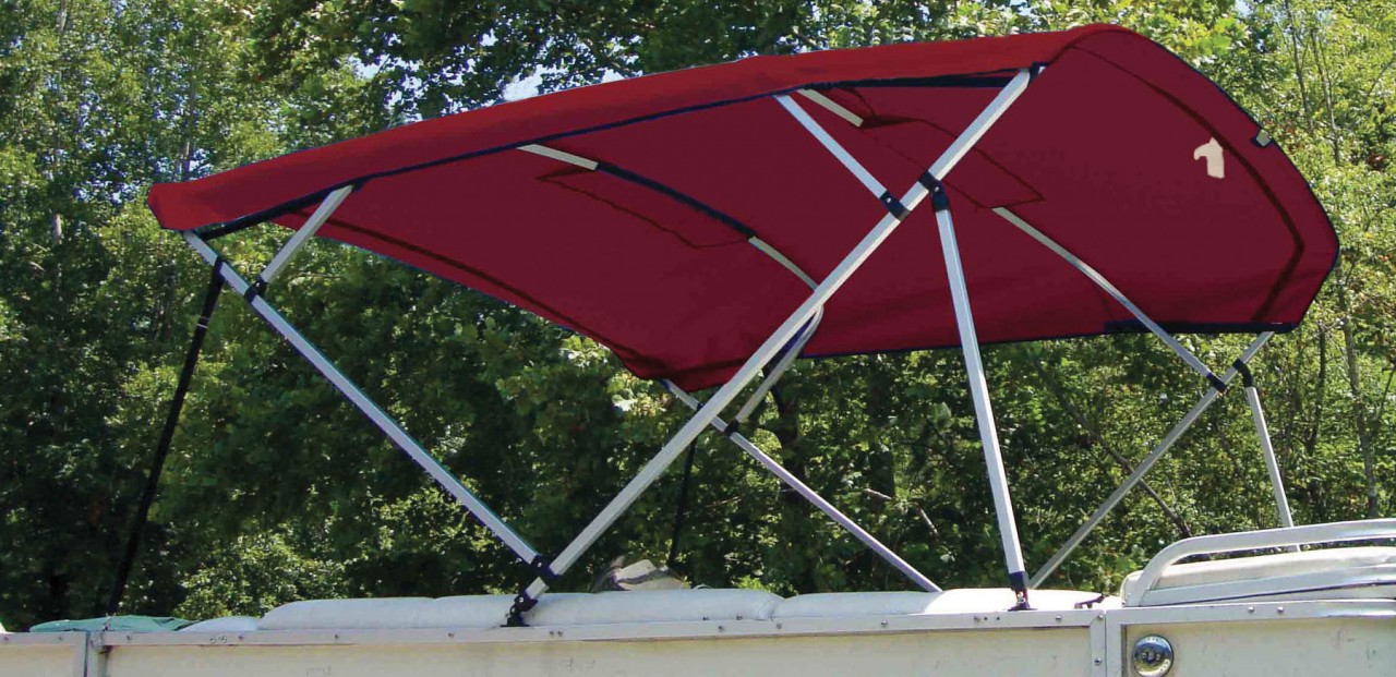 Replacement bimini fabric installed on a square tube pontoon frame