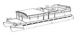 pontoon with fold-down type hard top and rails that partially enclose the deck