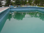 in ground swimming pool with murky green water